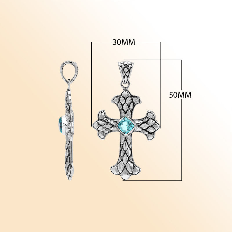 Blue Topaz Quartz cross pendant in sterling silver with handcrafted Balinese silverwork, spiritual artisan jewelry.