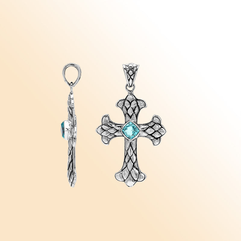 Blue Topaz Quartz cross pendant in sterling silver with handcrafted Balinese silverwork, spiritual artisan jewelry.