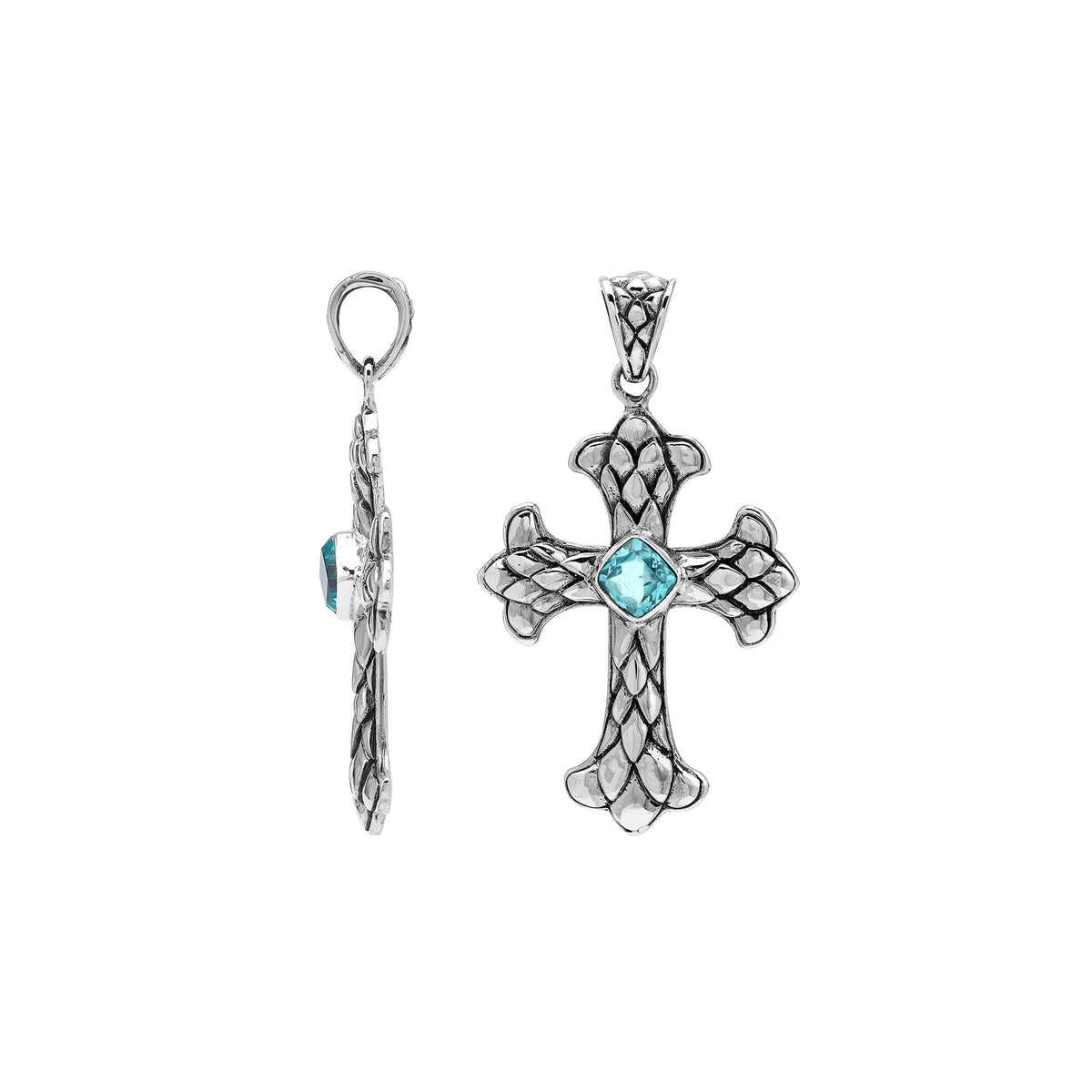 Blue Topaz Quartz cross pendant in sterling silver with handcrafted Balinese silverwork, spiritual artisan jewelry.