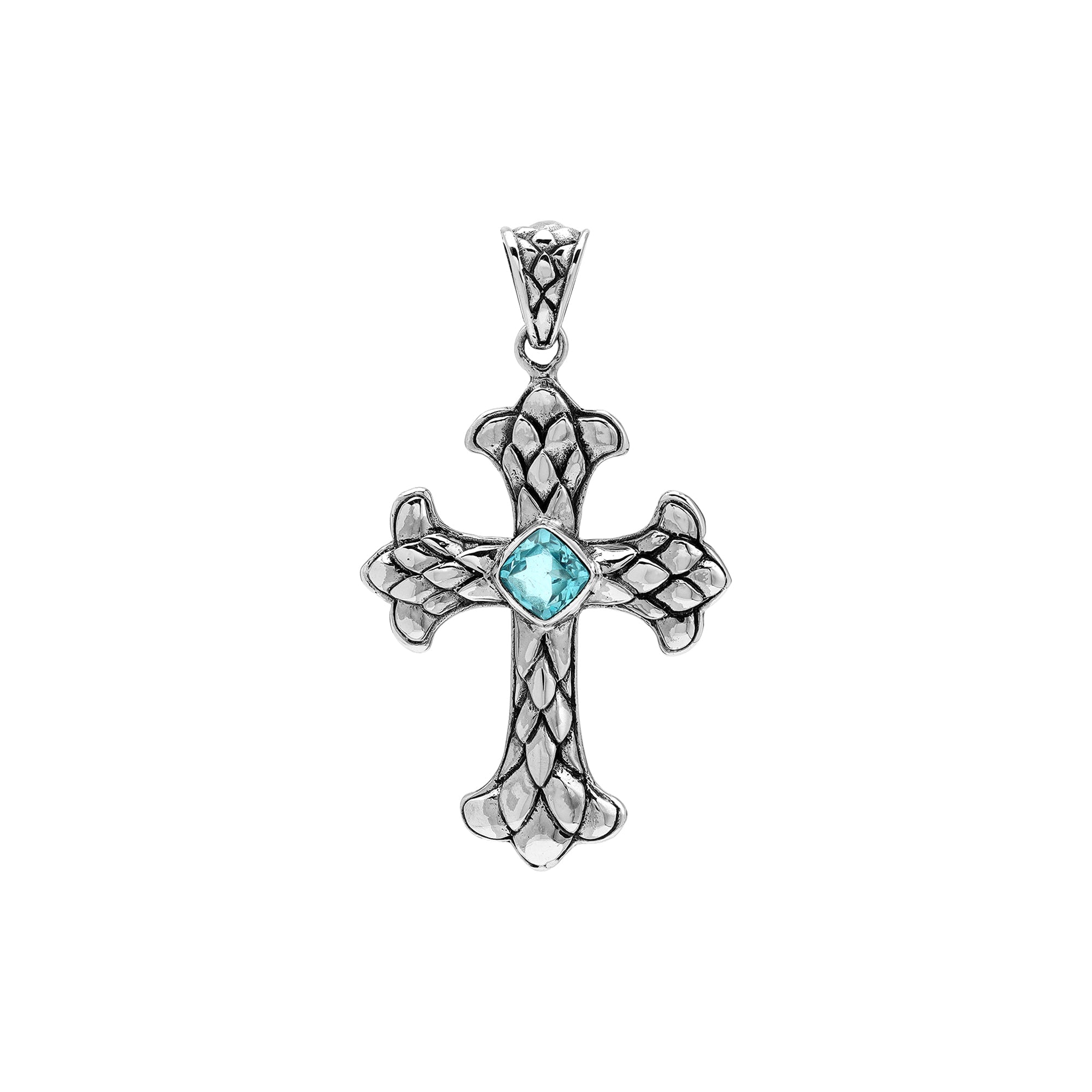 Blue Topaz Quartz cross pendant in sterling silver with handcrafted Balinese silverwork, spiritual artisan jewelry.
