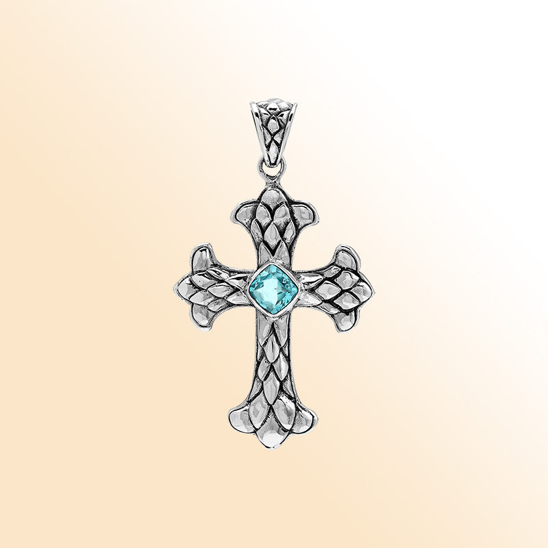 Blue Topaz Quartz cross pendant in sterling silver with handcrafted Balinese silverwork, spiritual artisan jewelry.