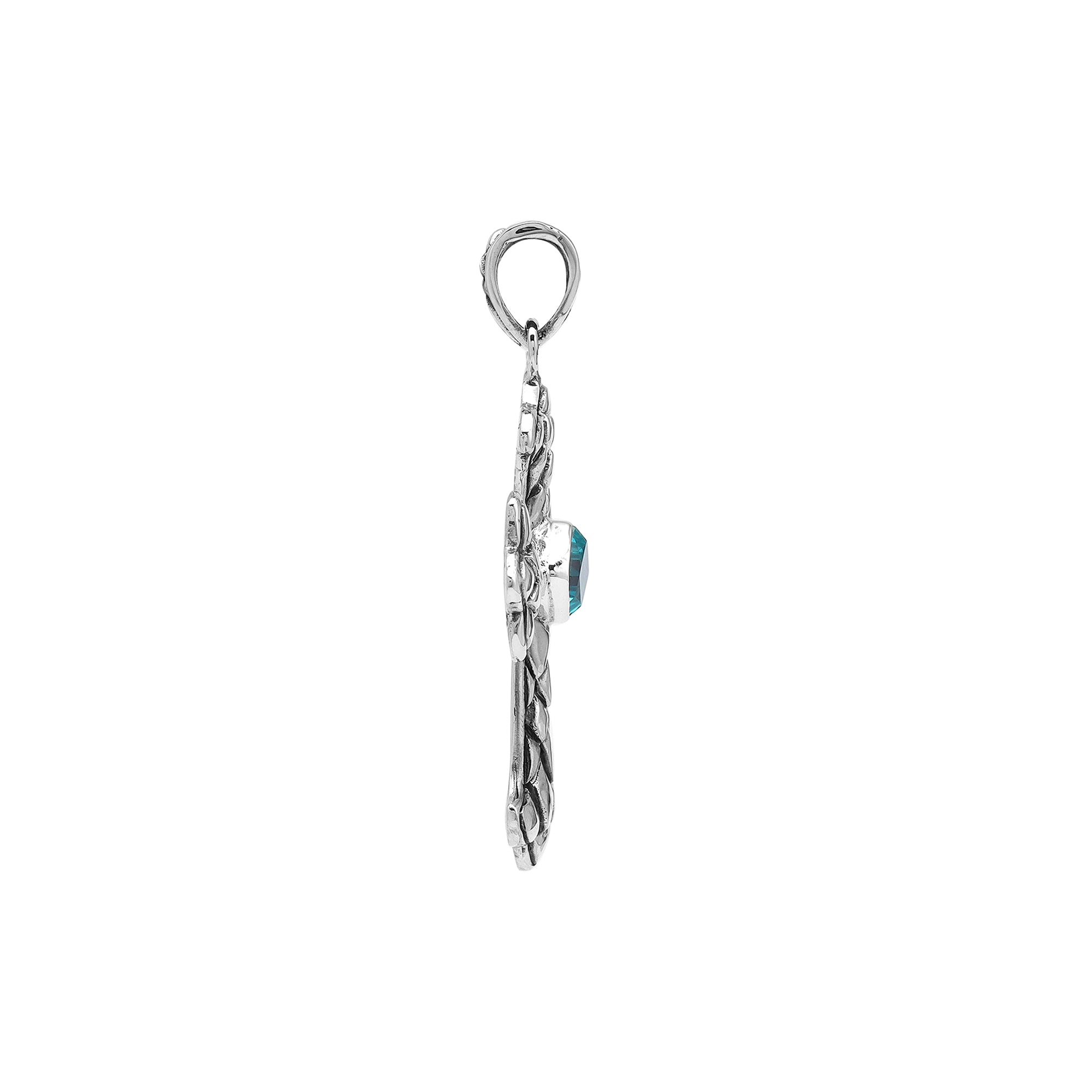 Blue Topaz Quartz cross pendant in sterling silver with handcrafted Balinese silverwork, spiritual artisan jewelry.