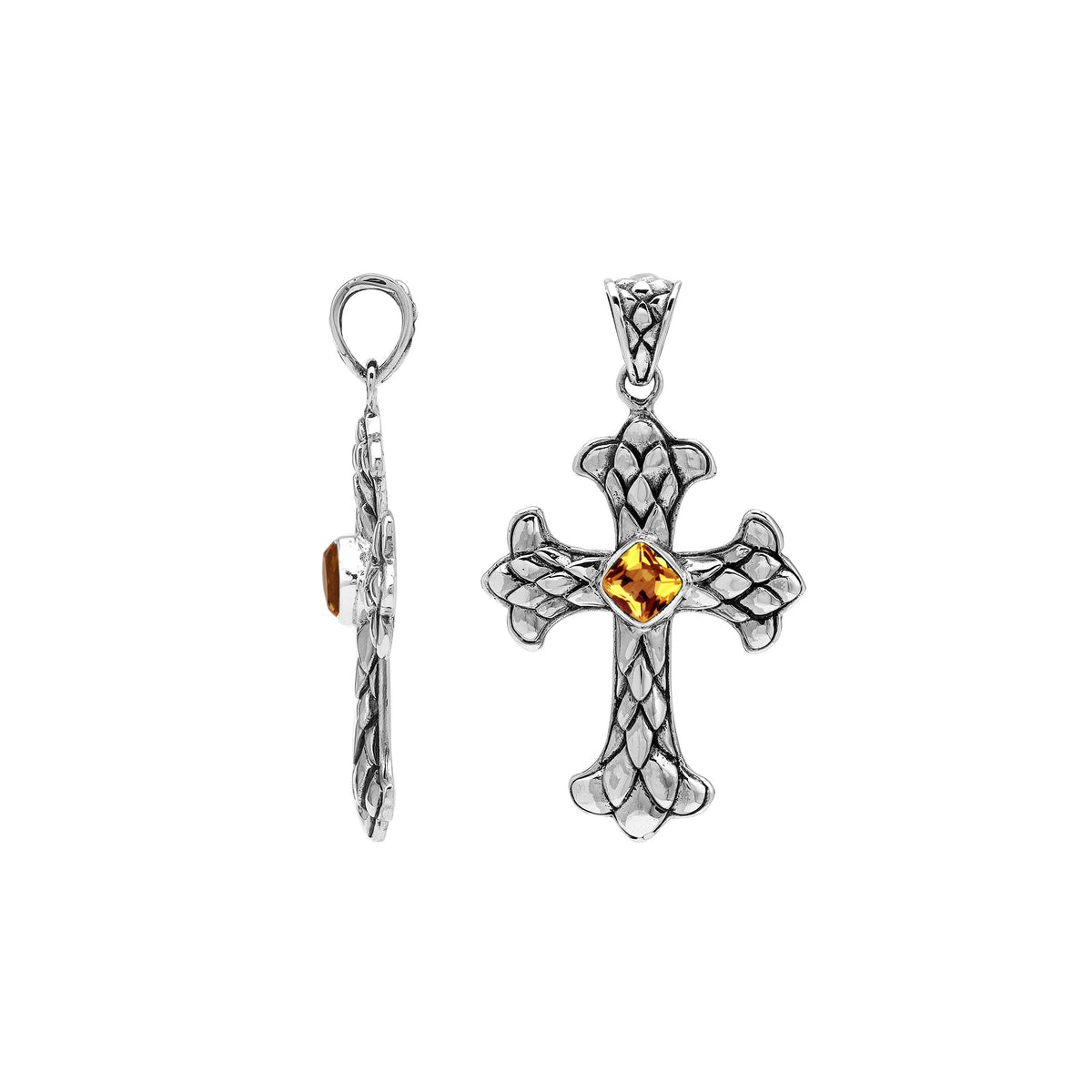 Citrine Quartz cross pendant in sterling silver with handcrafted Balinese silverwork, spiritual artisan jewelry.