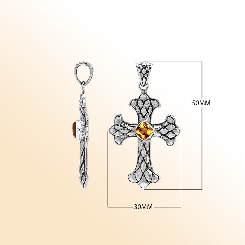 Citrine Quartz cross pendant in sterling silver with handcrafted Balinese silverwork, spiritual artisan jewelry.