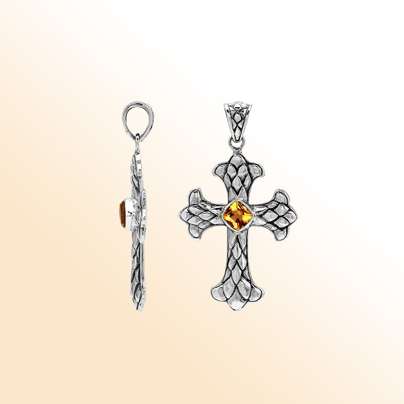 Citrine Quartz cross pendant in sterling silver with handcrafted Balinese silverwork, spiritual artisan jewelry.