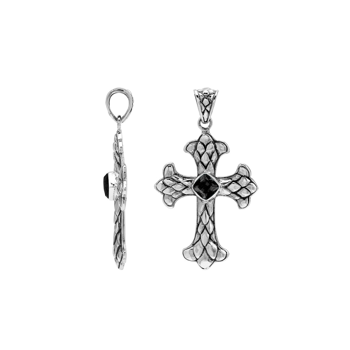 Black onyx  cross pendant in sterling silver with handcrafted Balinese silverwork, spiritual artisan jewelry.