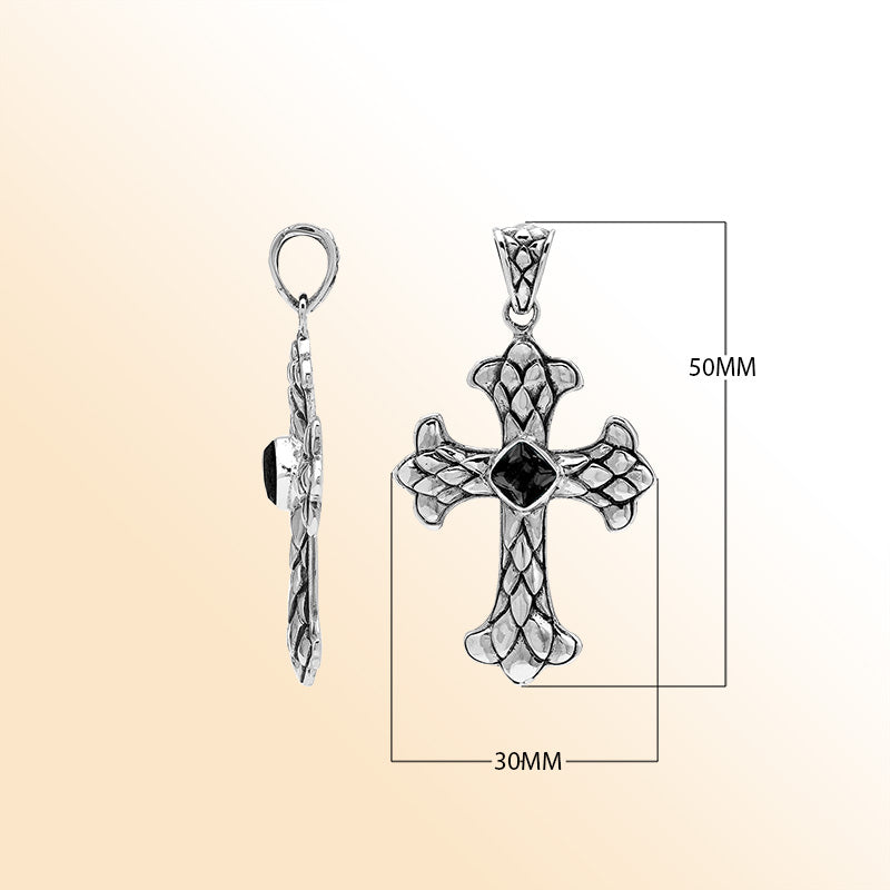 Black onyx  cross pendant in sterling silver with handcrafted Balinese silverwork, spiritual artisan jewelry.