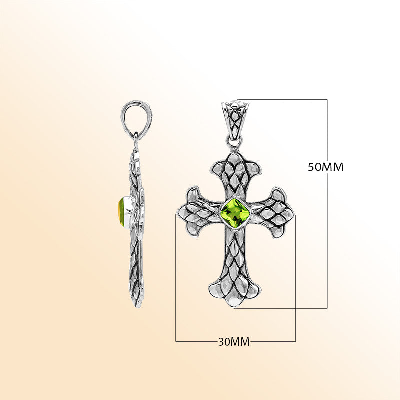 Peridot quarts cross pendant in sterling silver with handcrafted Balinese silverwork, spiritual artisan jewelry.