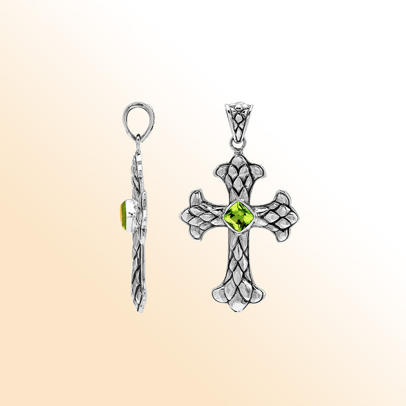 Peridot quarts cross pendant in sterling silver with handcrafted Balinese silverwork, spiritual artisan jewelry.