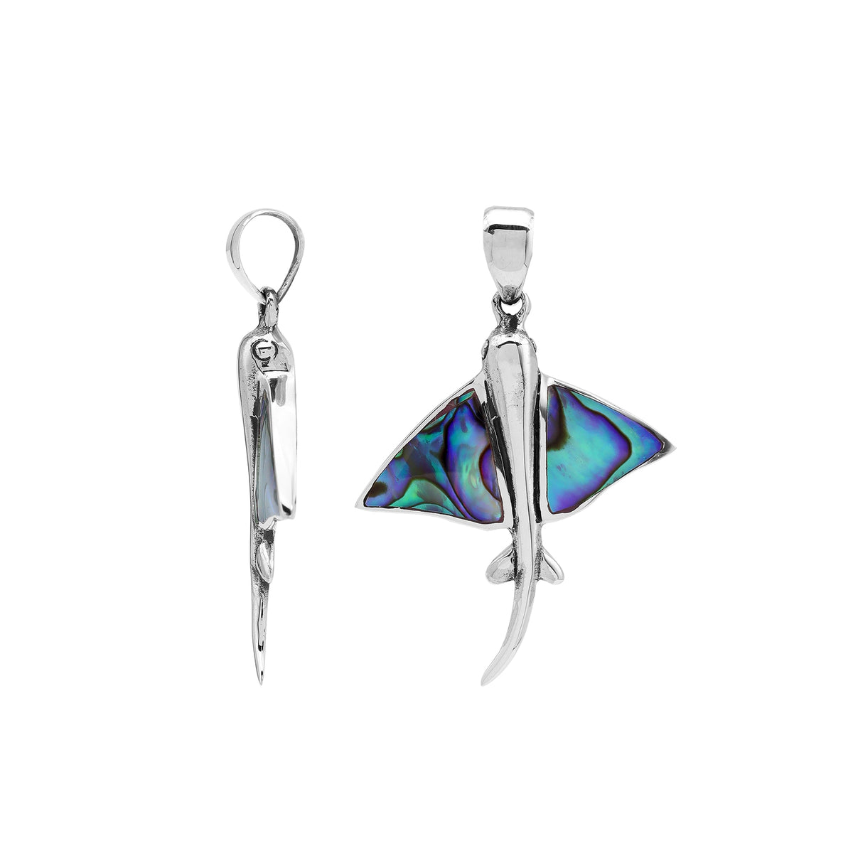 Abalone manta ray pendant in sterling silver with ocean-inspired Balinese detailing, handmade jewelry.