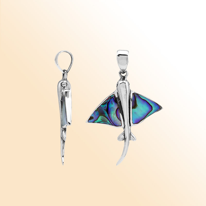 Abalone manta ray pendant in sterling silver with ocean-inspired Balinese detailing, handmade jewelry.