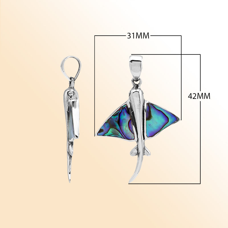 Abalone manta ray pendant in sterling silver with ocean-inspired Balinese detailing, handmade jewelry.