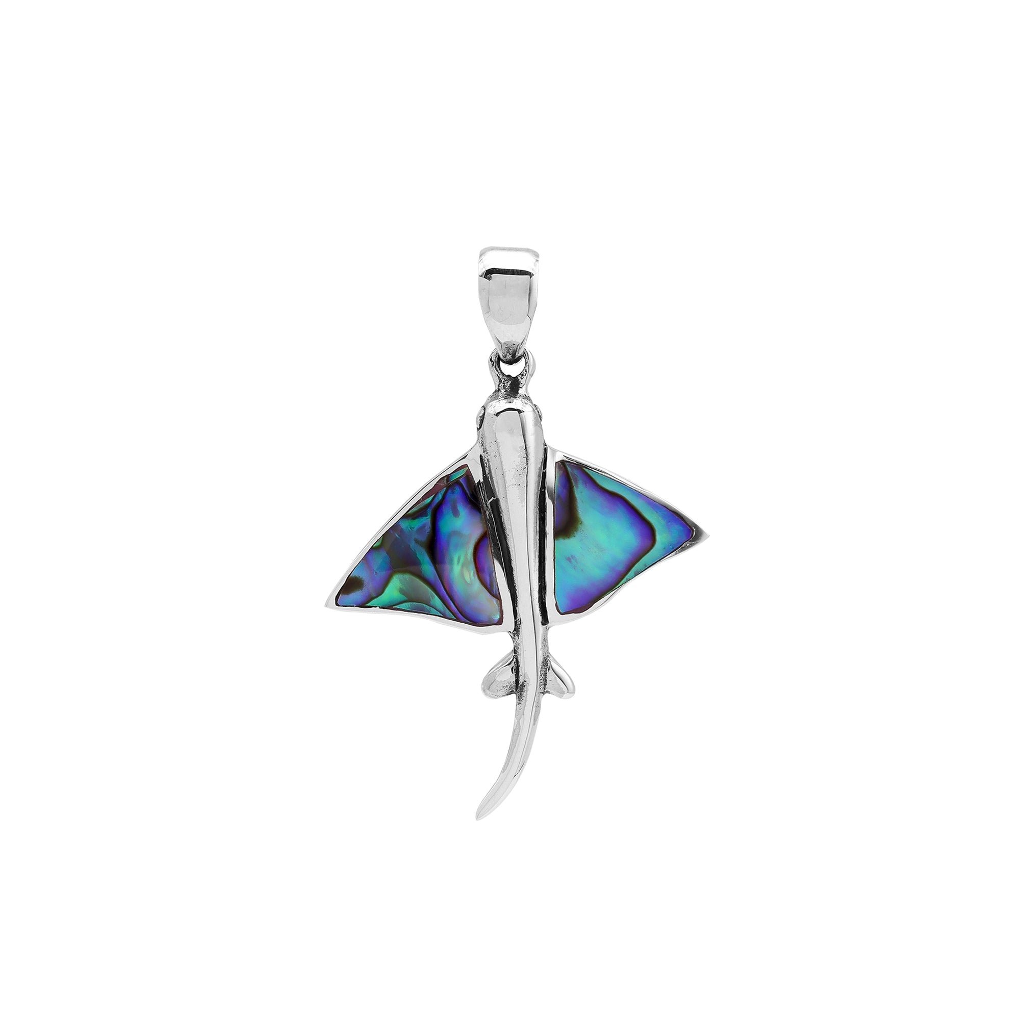 Abalone manta ray pendant in sterling silver with ocean-inspired Balinese detailing, handmade jewelry.