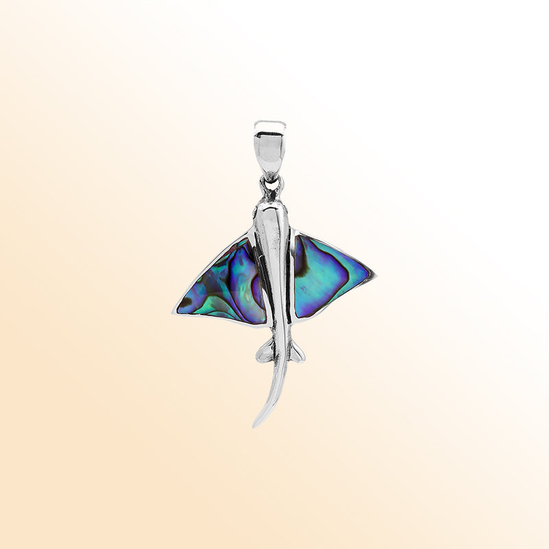 Abalone manta ray pendant in sterling silver with ocean-inspired Balinese detailing, handmade jewelry.