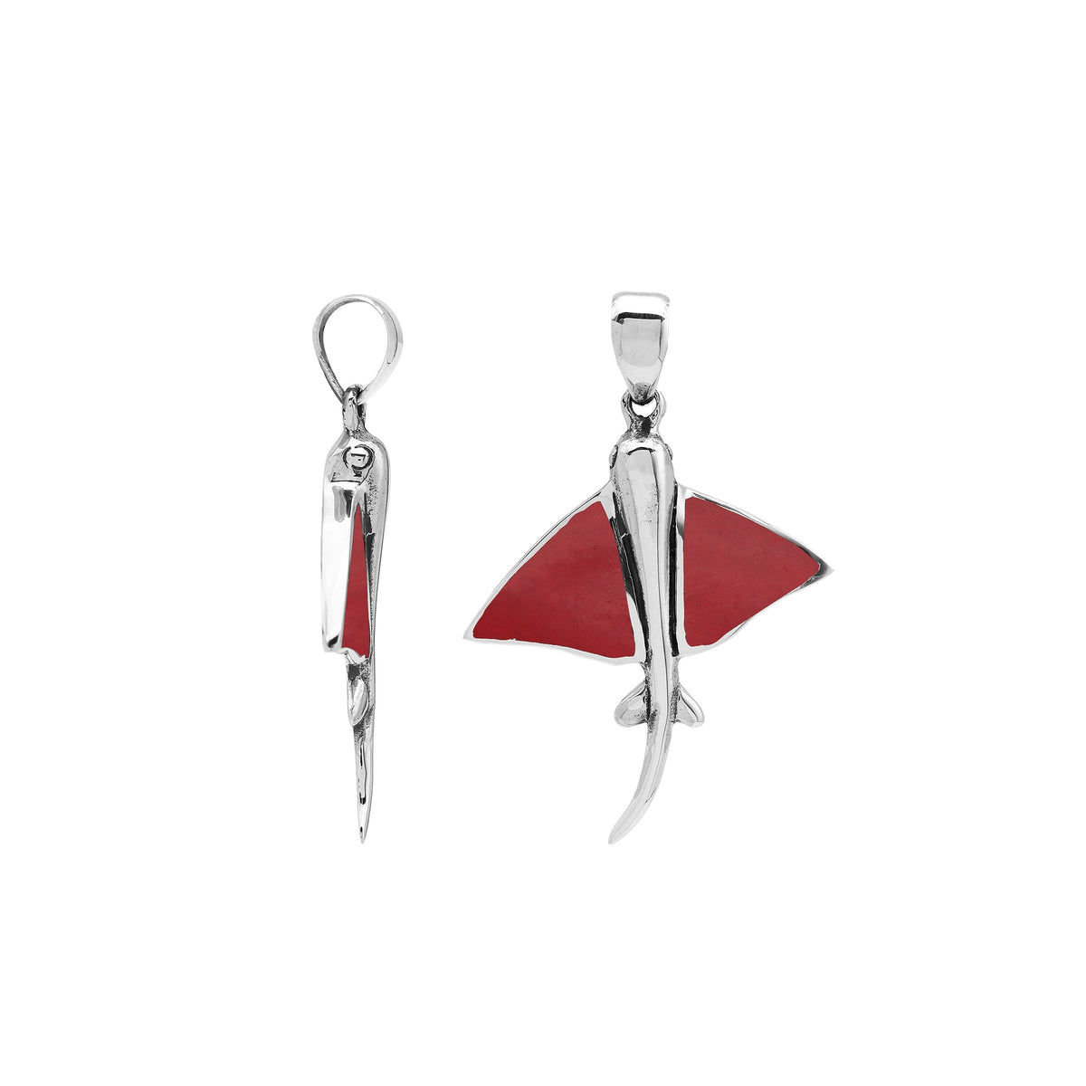 Red coral manta ray pendant in sterling silver with ocean-inspired Balinese design, handmade jewelry.