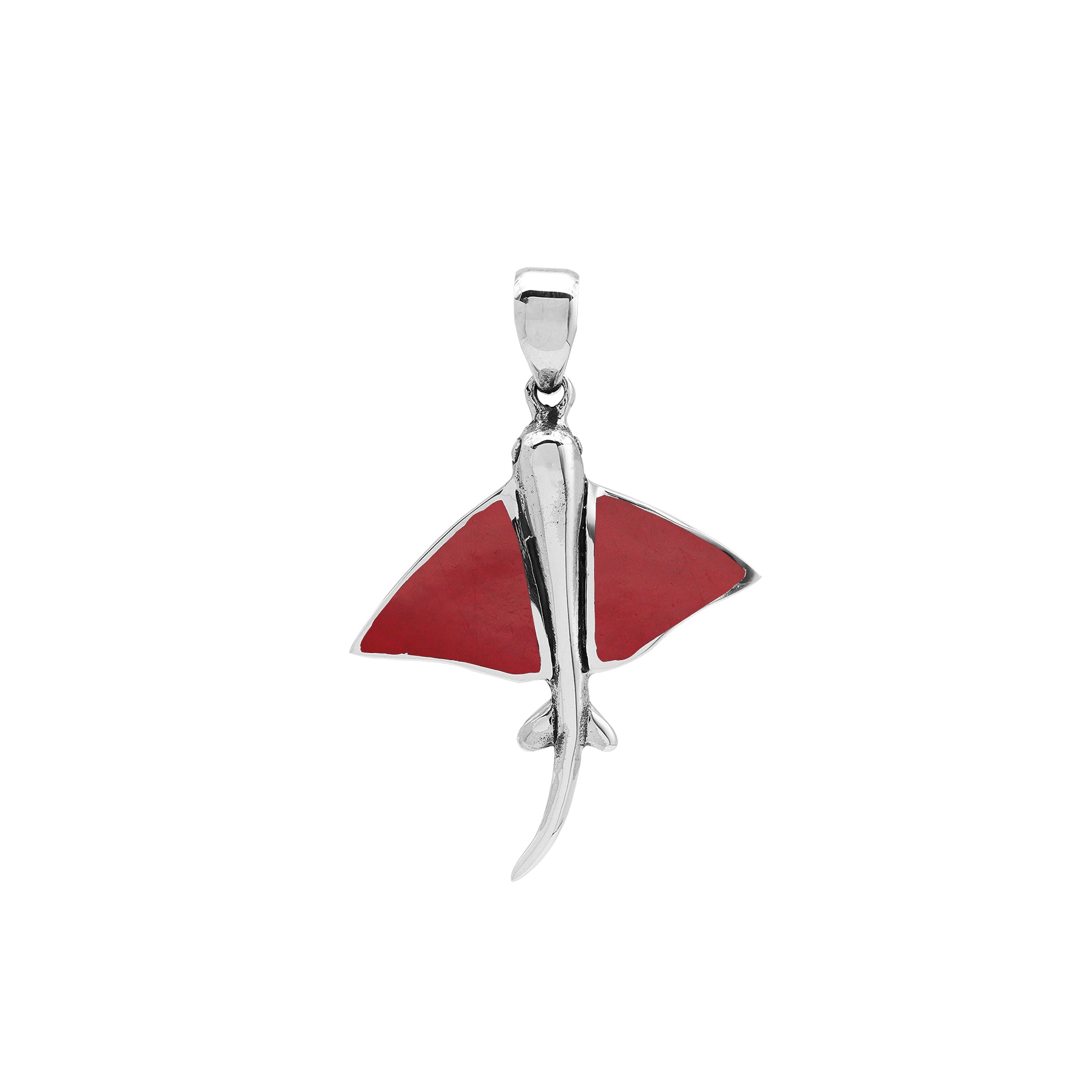 Red coral manta ray pendant in sterling silver with ocean-inspired Balinese design, handmade jewelry.