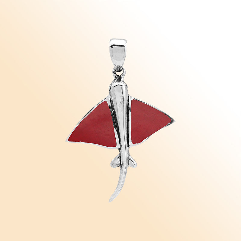 Red coral manta ray pendant in sterling silver with ocean-inspired Balinese design, handmade jewelry.