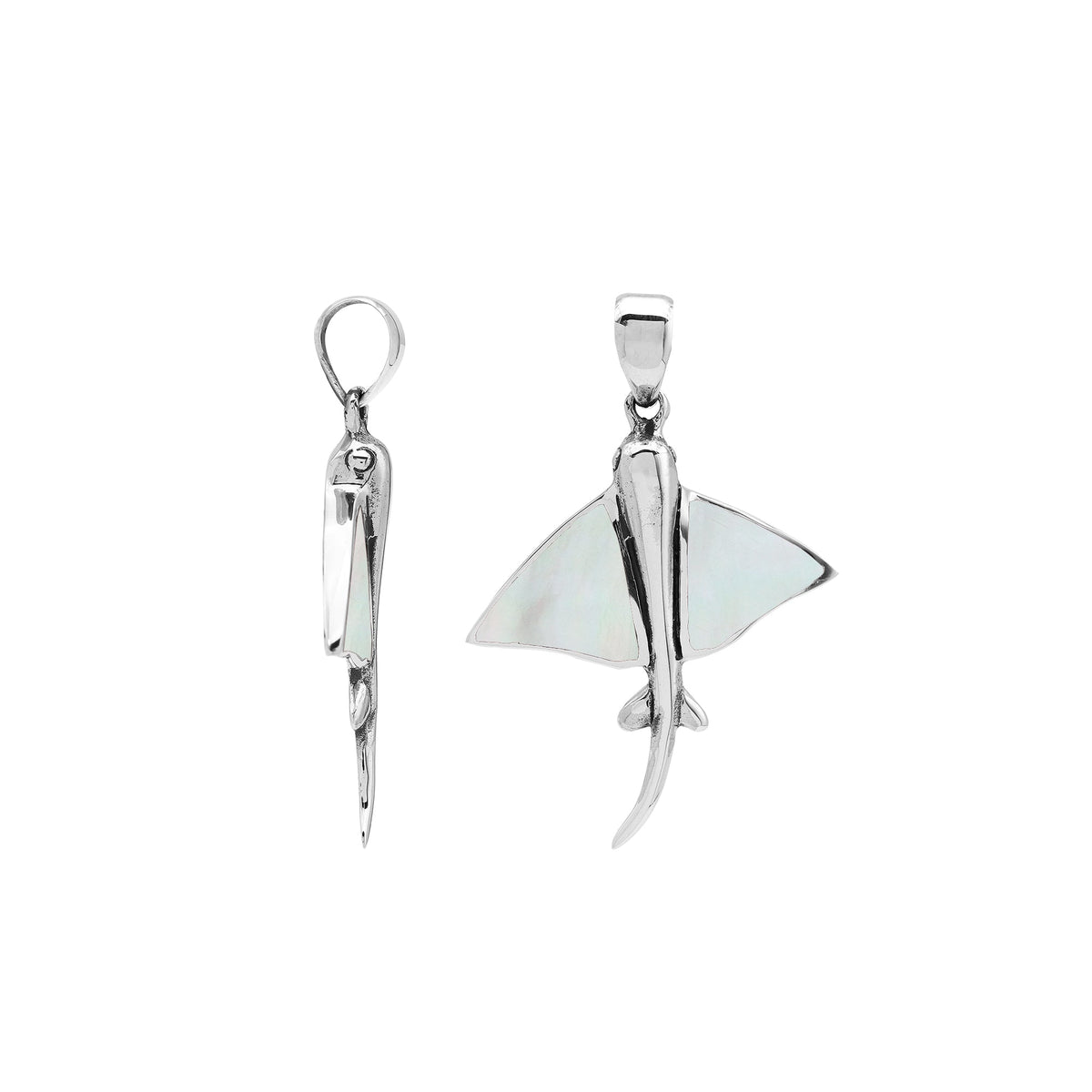 Mother of pearl Sterling silver Stingray pendant with mother of pearl inlay, handcrafted Balinese nautical jewelry.pendant in sterling silver with ocean-inspired Balinese design, handmade jewelry.