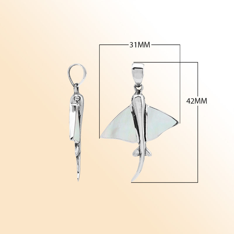 Mother of pearl Sterling silver Stingray pendant with mother of pearl inlay, handcrafted Balinese nautical jewelry.