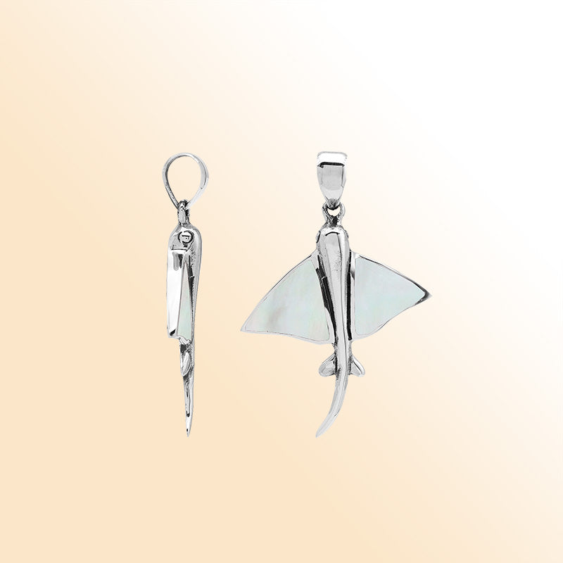 Mother of pearl Sterling silver Stingray pendant with mother of pearl inlay, handcrafted Balinese nautical jewelry.