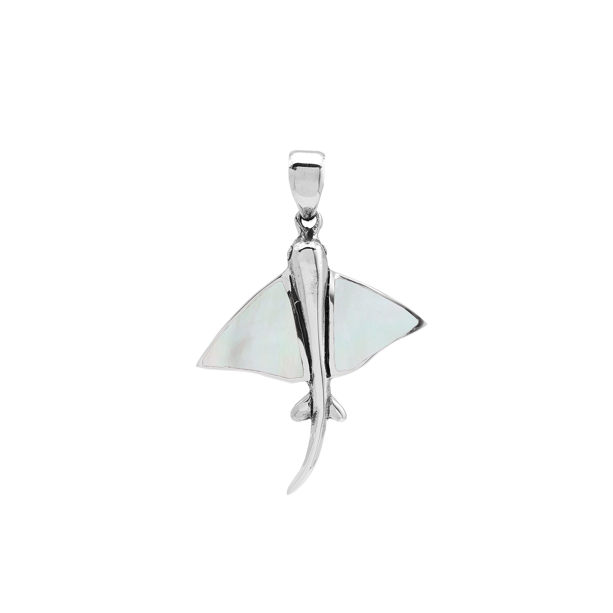 Mother of pearl Sterling silver Stingray pendant with mother of pearl inlay, handcrafted Balinese nautical jewelry.pendant in sterling silver with ocean-inspired Balinese design, handmade jewelry.