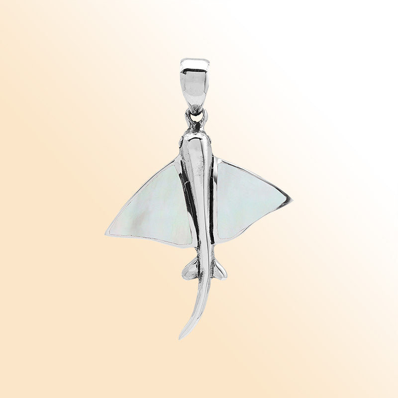 Mother of pearl Sterling silver Stingray pendant with mother of pearl inlay, handcrafted Balinese nautical jewelry.