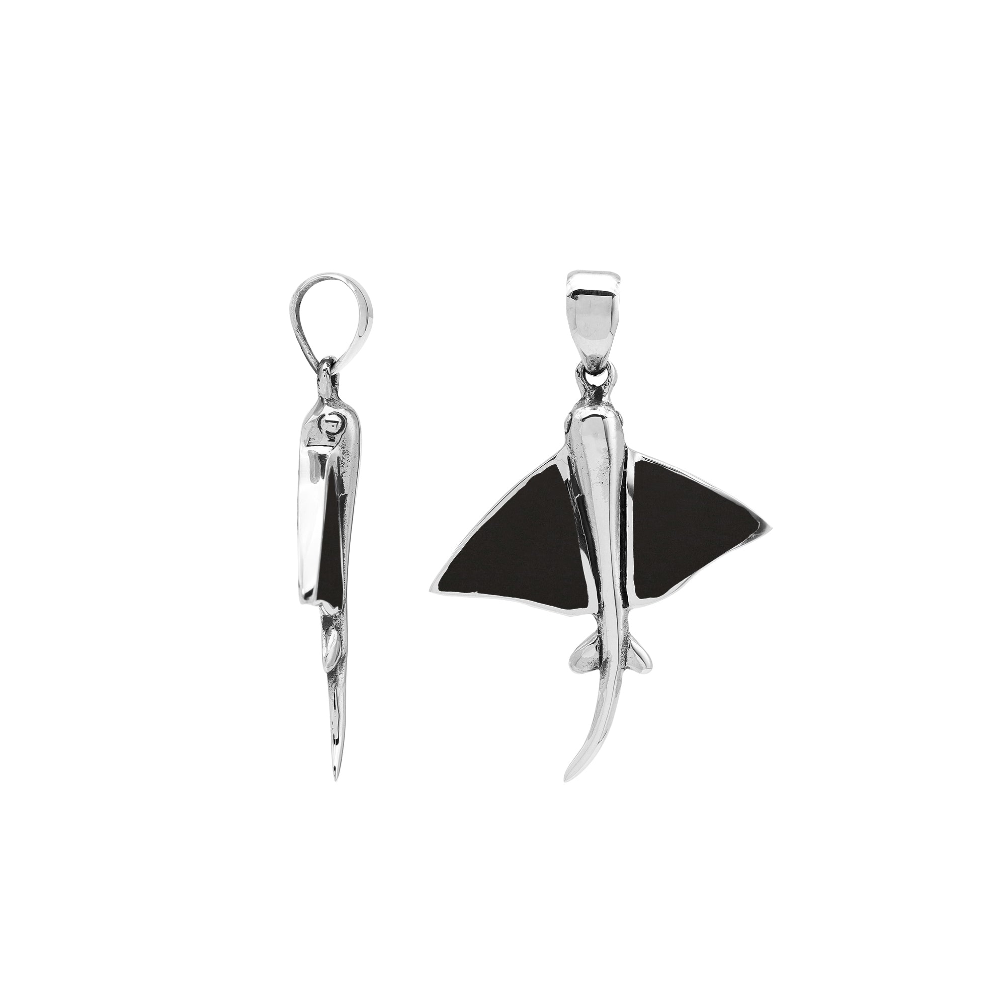 Black shell Mantaray pendant in sterling silver with ocean-inspired Balinese design, handmade jewelry.