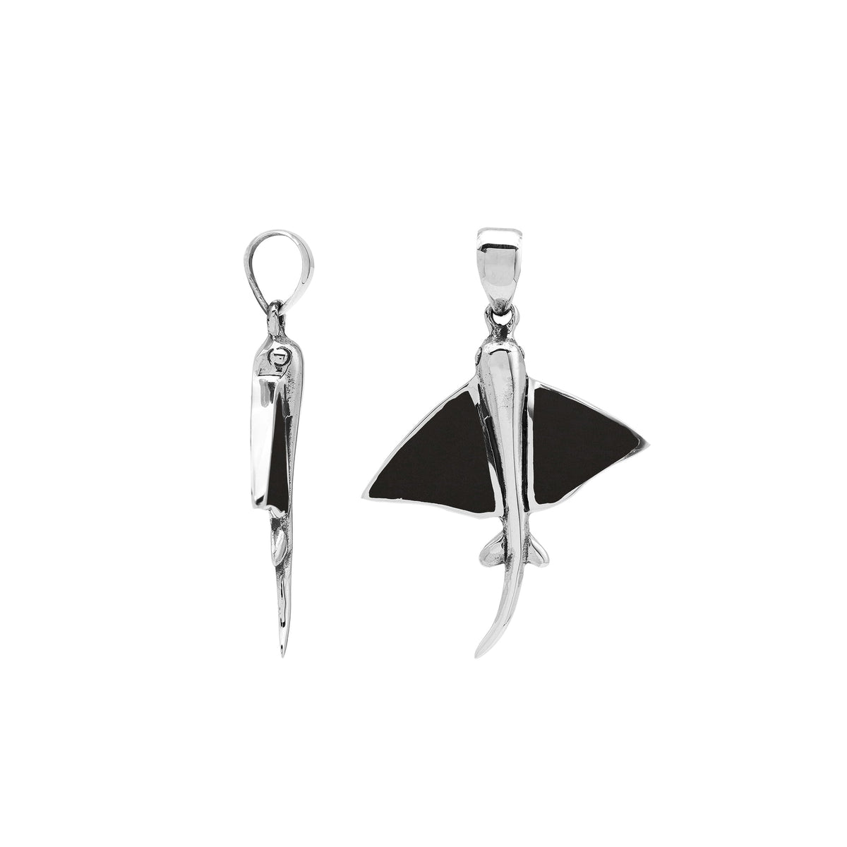 Black shell Mantaray pendant in sterling silver with ocean-inspired Balinese design, handmade jewelry.