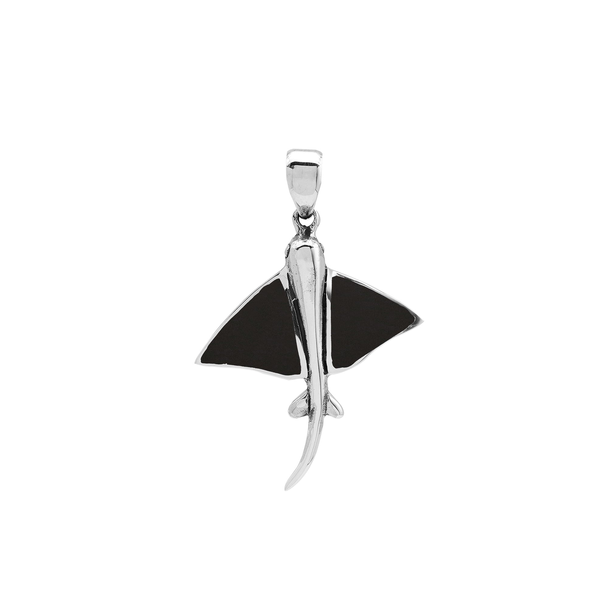 Black shell Mantaray pendant in sterling silver with ocean-inspired Balinese design, handmade jewelry.