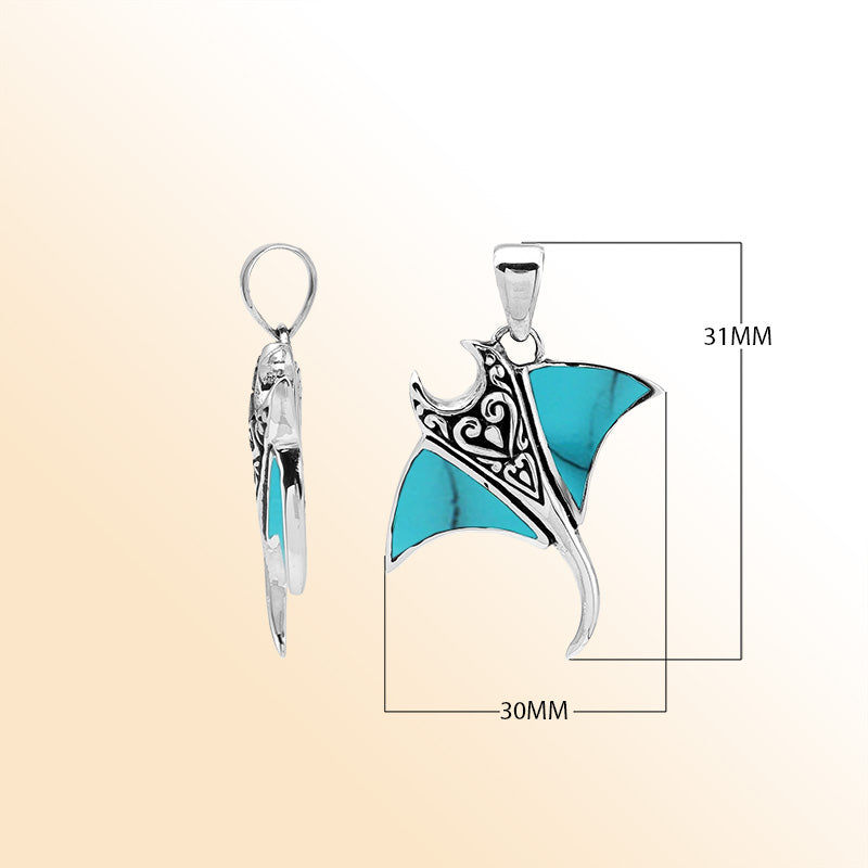 Handcrafted sterling silver Mantaray pendant with turquoise shell inlay and Bali carvings – retail jewelry