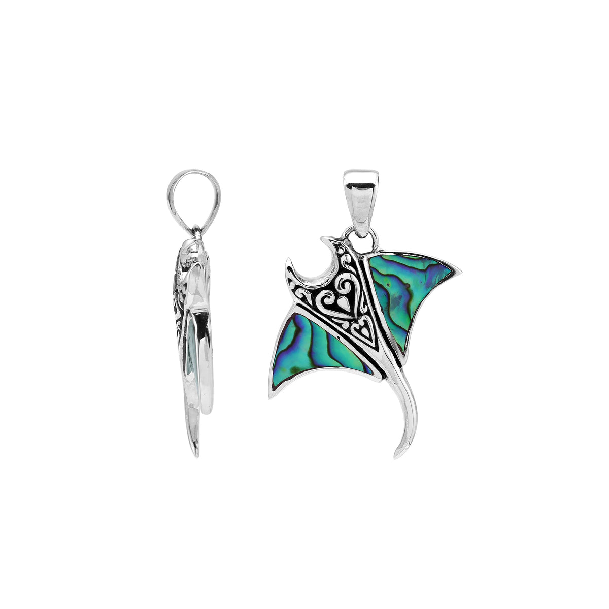 Handcrafted sterling silver Mantaray pendant with abalone shell and Bali swirl design – retail jewelry