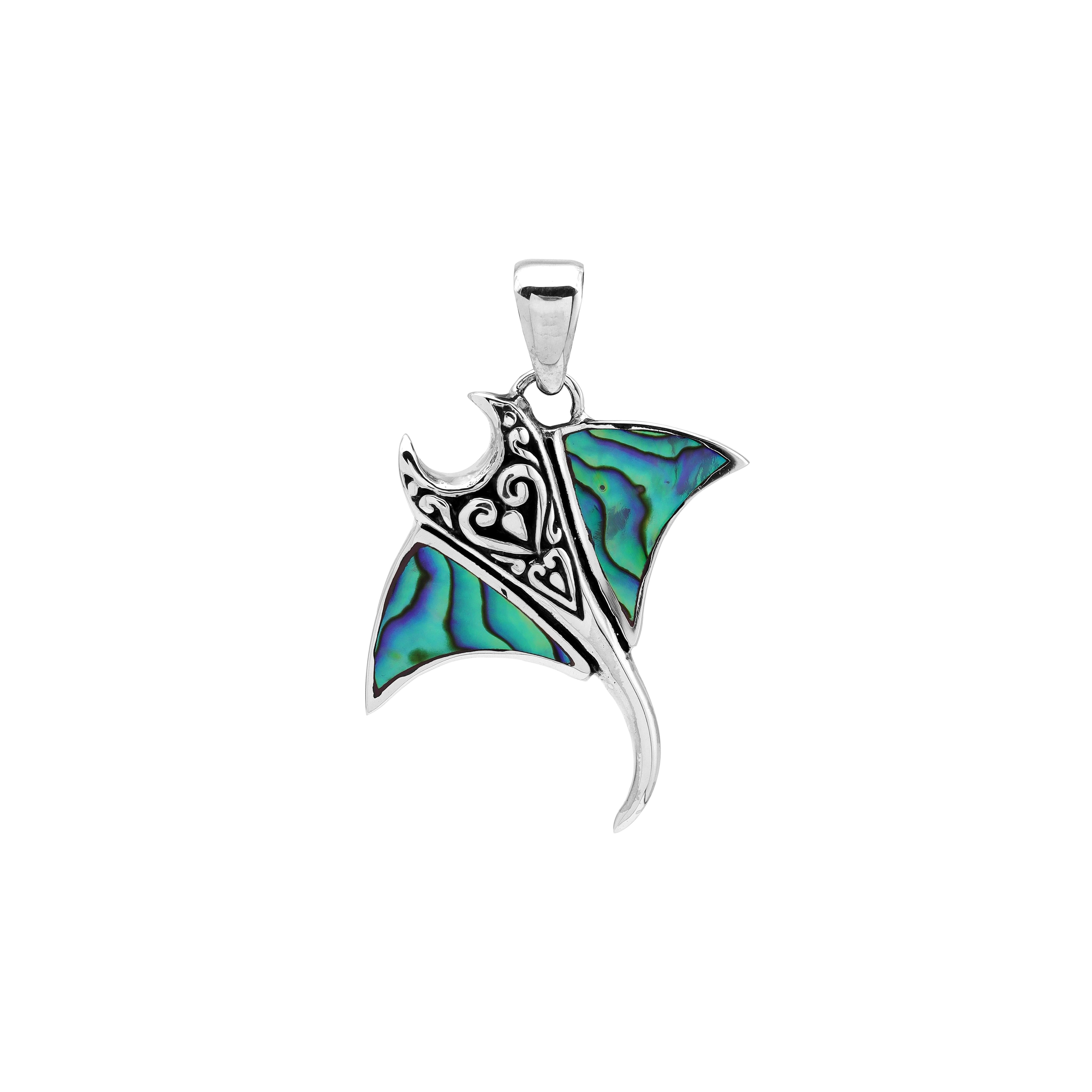 Handcrafted sterling silver Mantaray pendant with abalone shell and Bali swirl design – retail jewelry