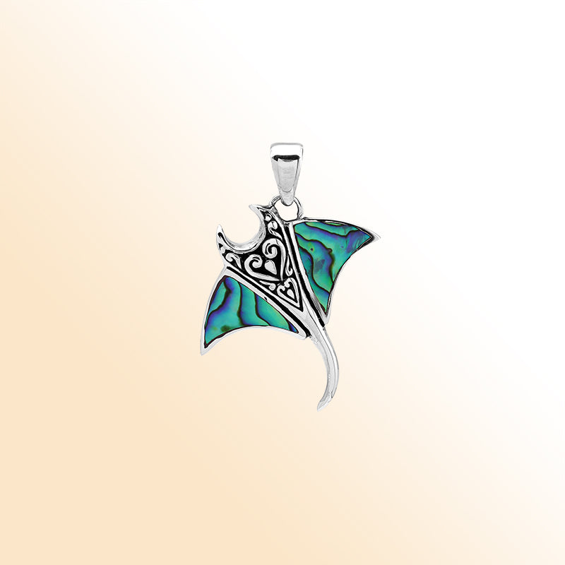 Handcrafted sterling silver Mantaray pendant with abalone shell and Bali swirl design – retail jewelry