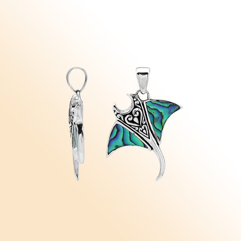 Handcrafted sterling silver Mantaray pendant with abalone shell and Bali swirl design – retail jewelry