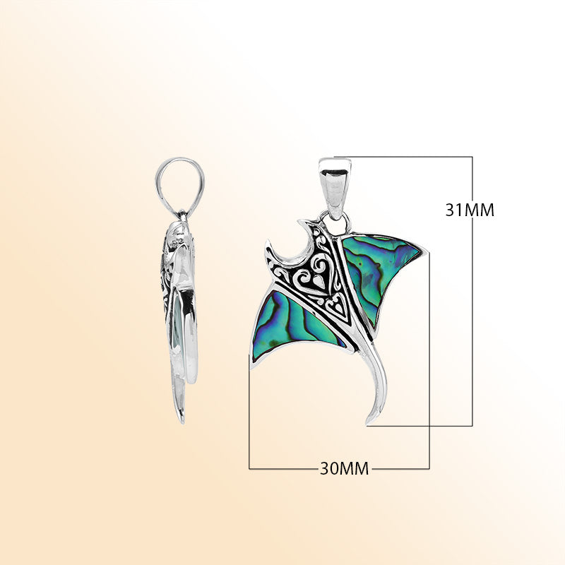 Handcrafted sterling silver Mantaray pendant with abalone shell and Bali swirl design – retail jewelry
