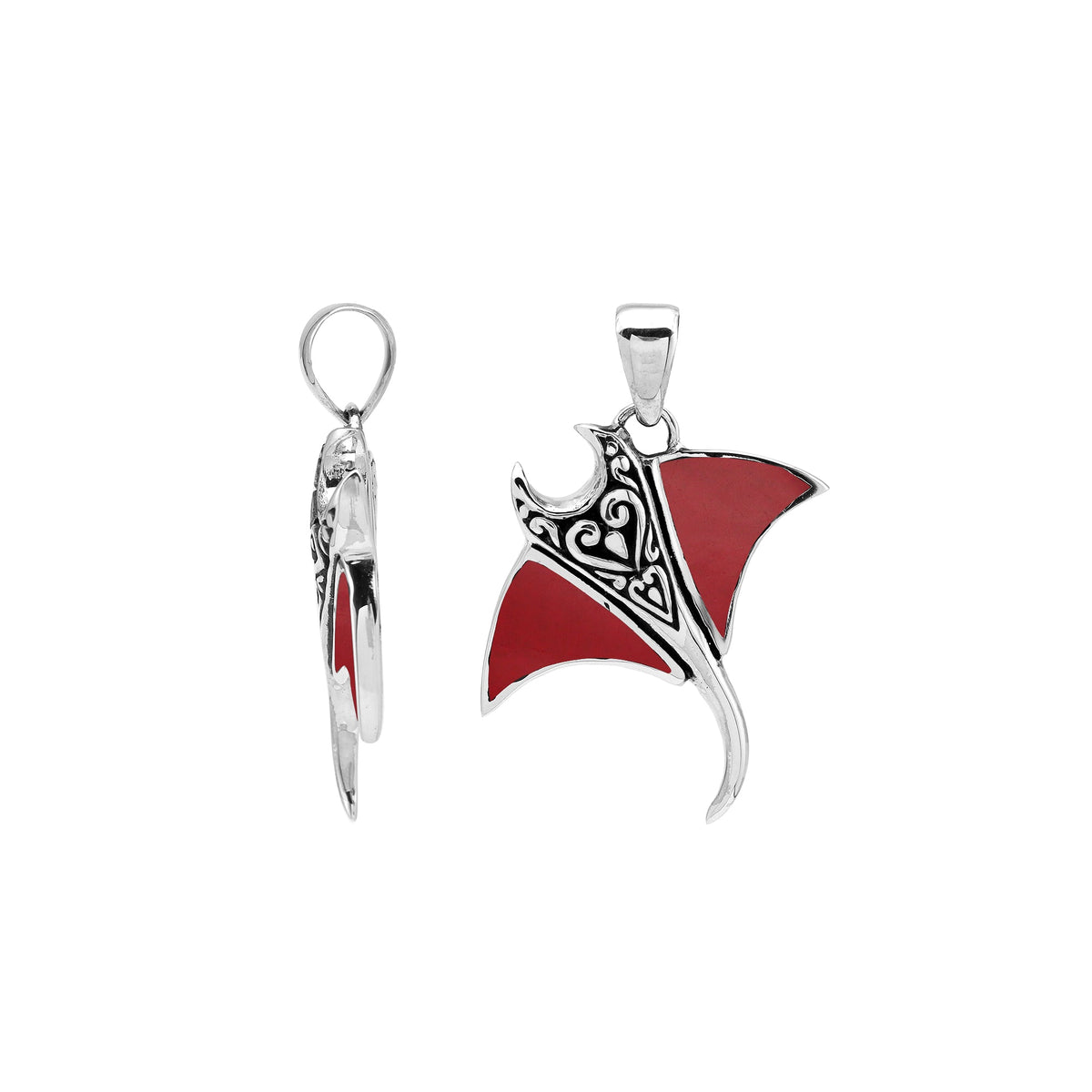 Handcrafted sterling silver Mantaray pendant with red shell and Bali carvings – retail jewelry