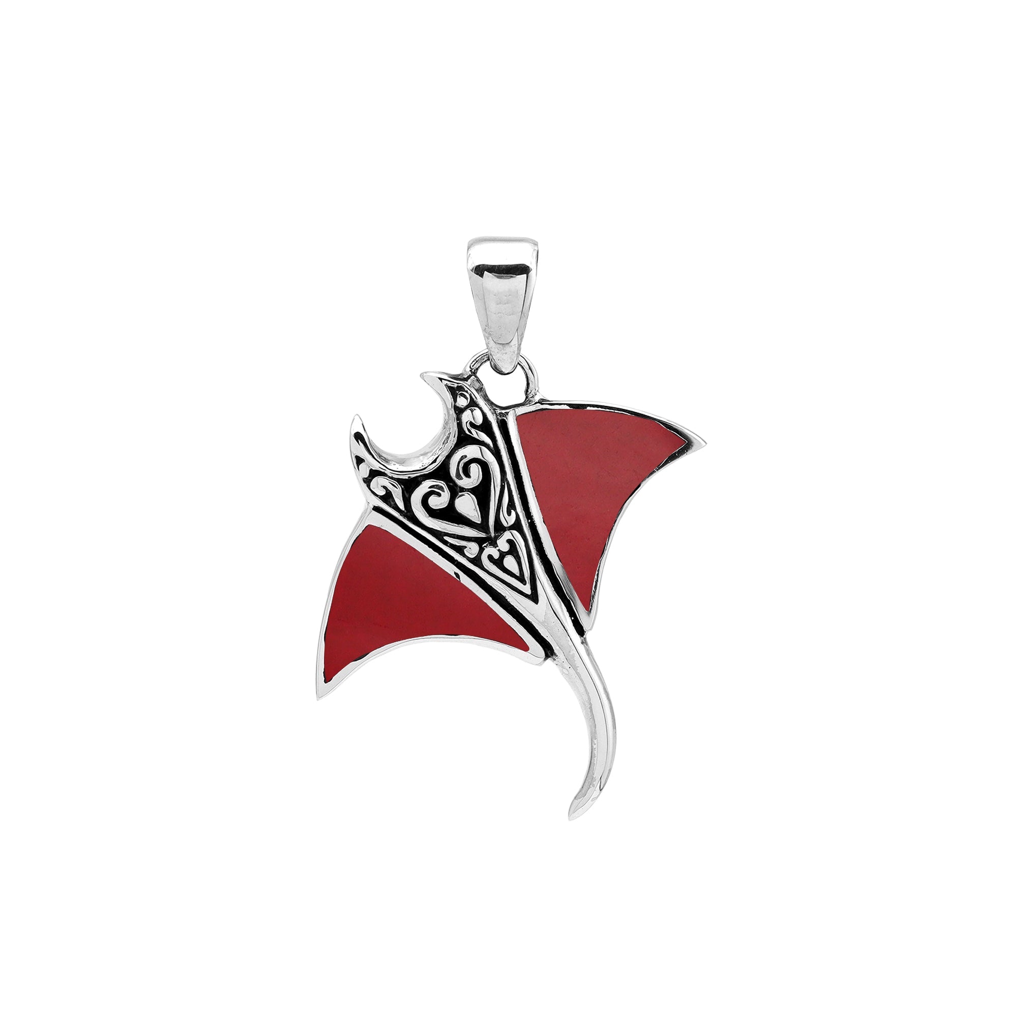 Handcrafted sterling silver Mantaray pendant with red shell and Bali carvings – retail jewelry