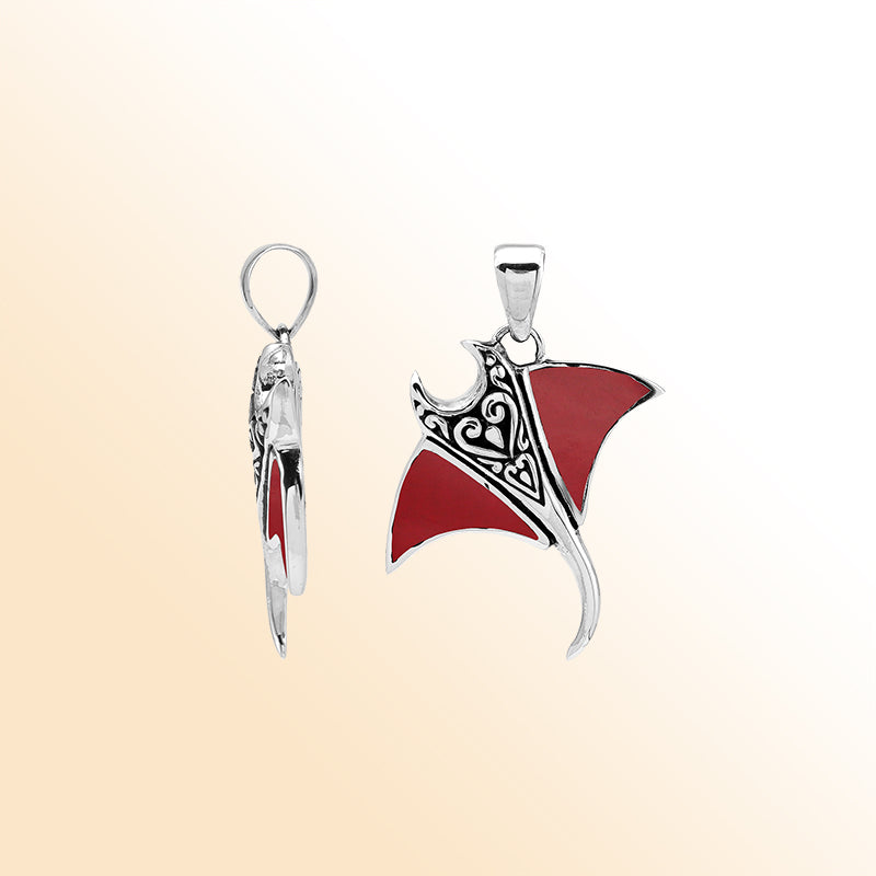 Handcrafted sterling silver Mantaray pendant with red coral and Bali carvings – retail jewelry