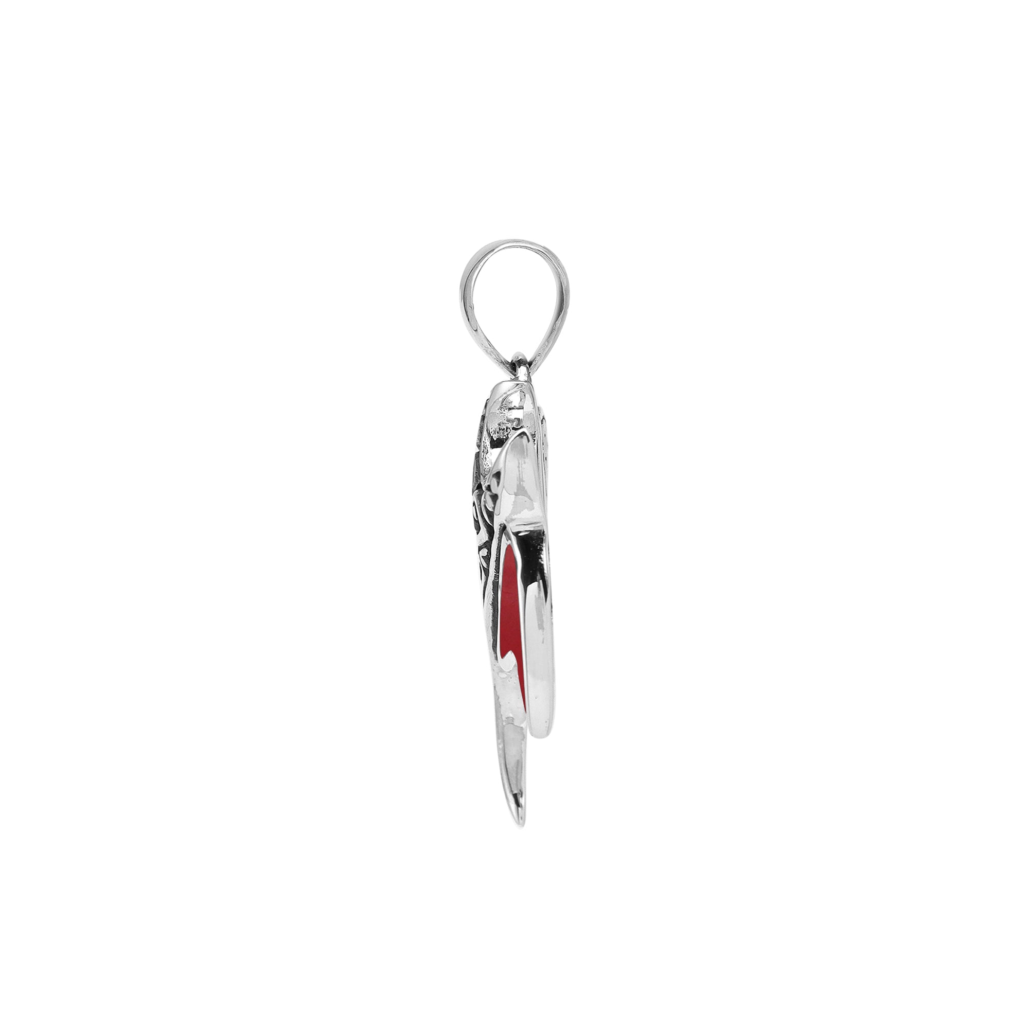 Handcrafted sterling silver Mantaray pendant with red shell and Bali carvings – retail jewelry
