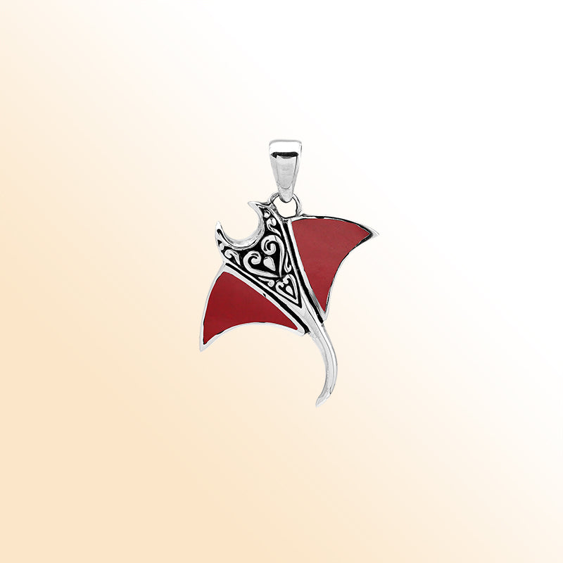 Handcrafted sterling silver Mantaray pendant with red coral and Bali carvings – retail jewelry
