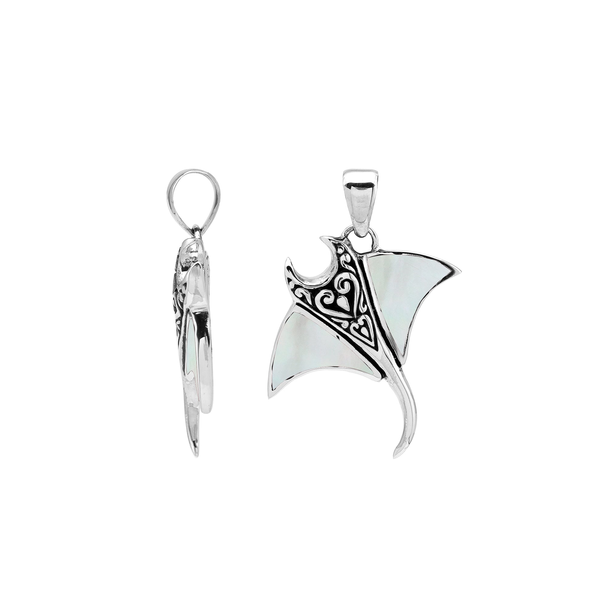 Handcrafted sterling silver Mantaray pendant with white mother of pearl inlay and Balinese carvings – retail jewelry