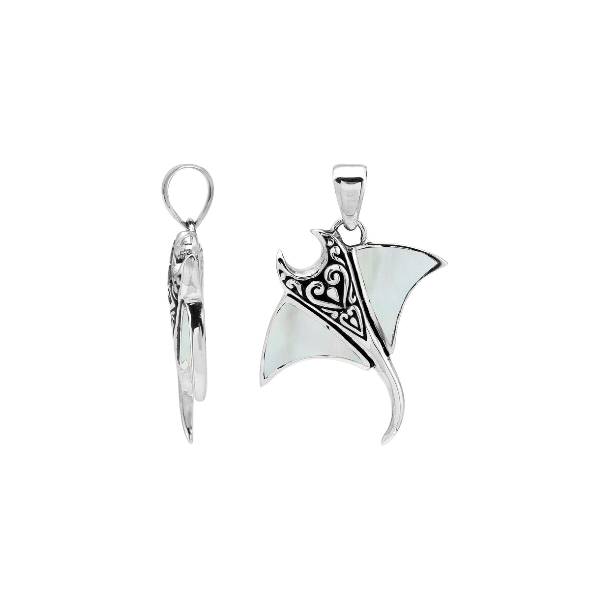 Handcrafted sterling silver Mantaray pendant with white mother of pearl inlay and Balinese carvings – retail jewelry