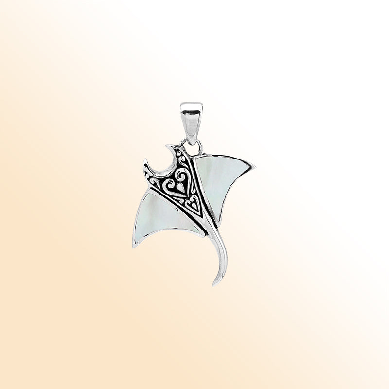 Sterling Silver Manta Ray Pendant With White Mother Of Pearl Inlay And Elegant Balinese Carved Details, A Graceful Ocean-Inspired Retail Jewelry Design.