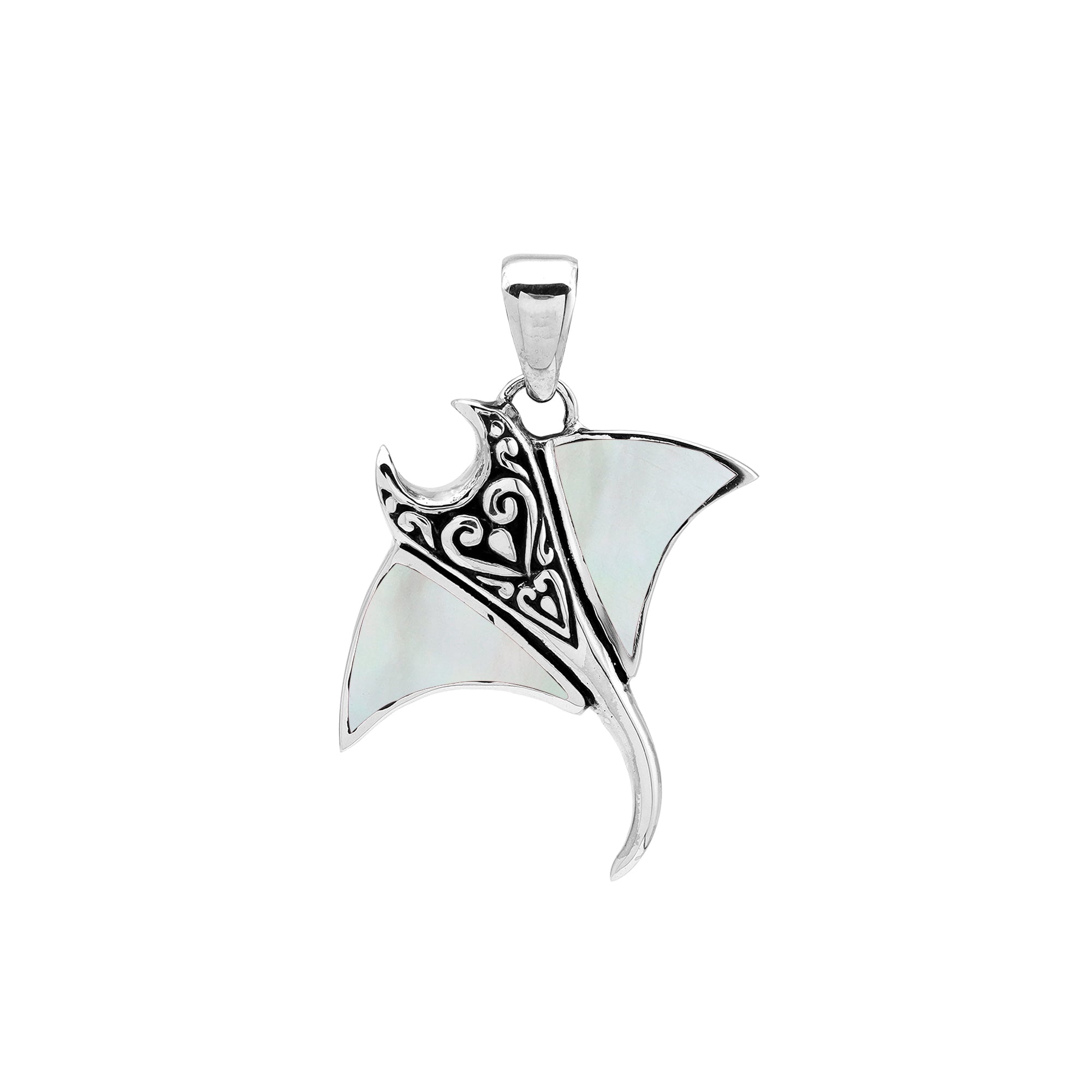 Handcrafted sterling silver Mantaray pendant with white mother of pearl inlay and Balinese carvings – retail jewelry
