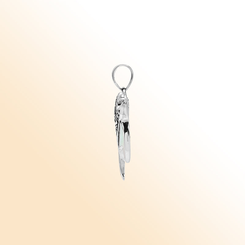 Sterling Silver Manta Ray Pendant With White Mother Of Pearl Inlay And Elegant Balinese Carved Details, A Graceful Ocean-Inspired Retail Jewelry Design.