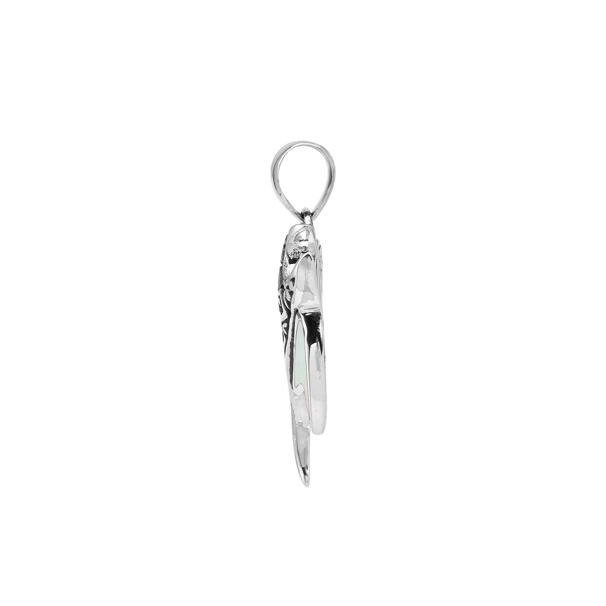 Handcrafted sterling silver Mantaray pendant with white mother of pearl inlay and Balinese carvings – retail jewelry