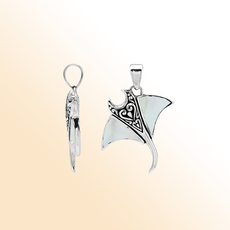 Sterling Silver Manta Ray Pendant With White Mother Of Pearl Inlay And Elegant Balinese Carved Details, A Graceful Ocean-Inspired Retail Jewelry Design.