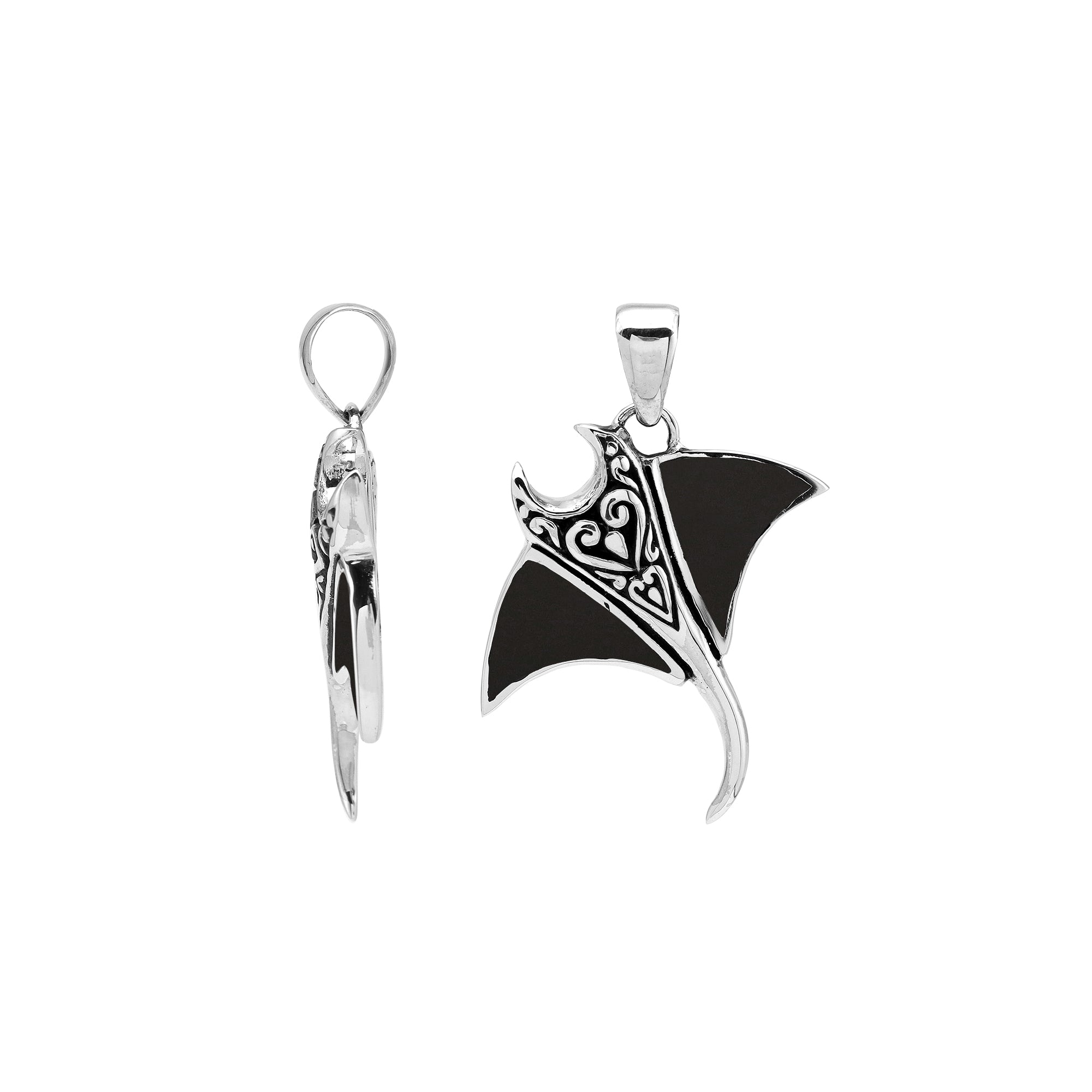 Handcrafted sterling silver Mantaray pendant with black shell inlay and Balinese carvings – retail jewelry