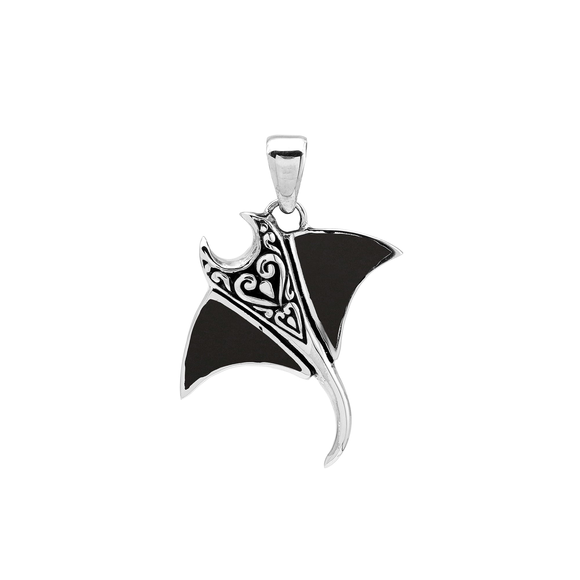 Handcrafted sterling silver Mantaray pendant with black shell inlay and Balinese carvings – retail jewelry