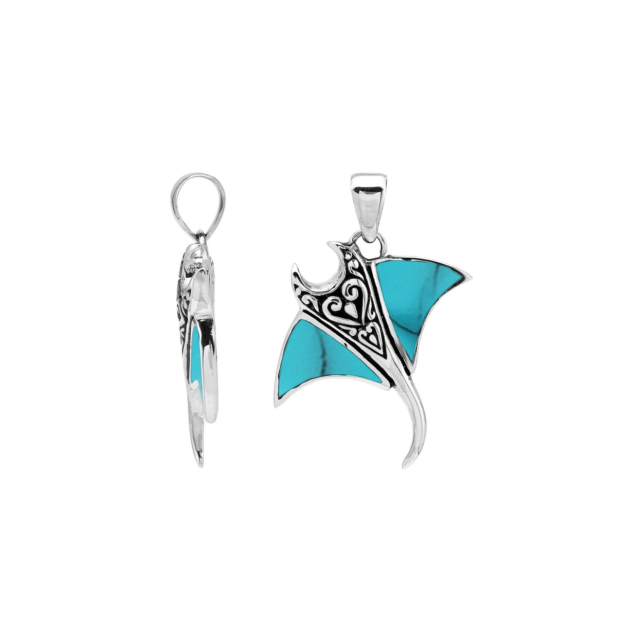 Handcrafted sterling silver Mantaray pendant with turquoise inlay and Bali carvings – retail jewelry